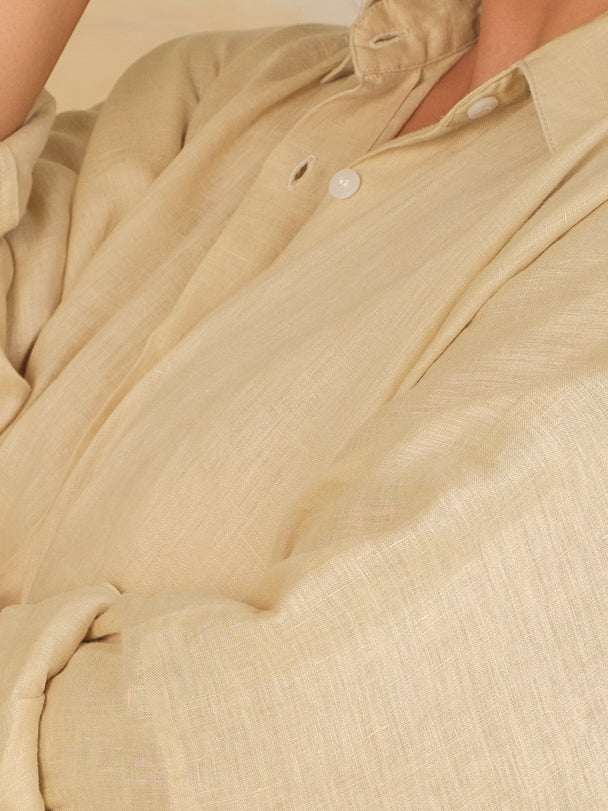 Womens Linen Key Largo Blouse Summer Collared Tie Front Blouse Tan Khaki Long Sleeve Button Up Fabric