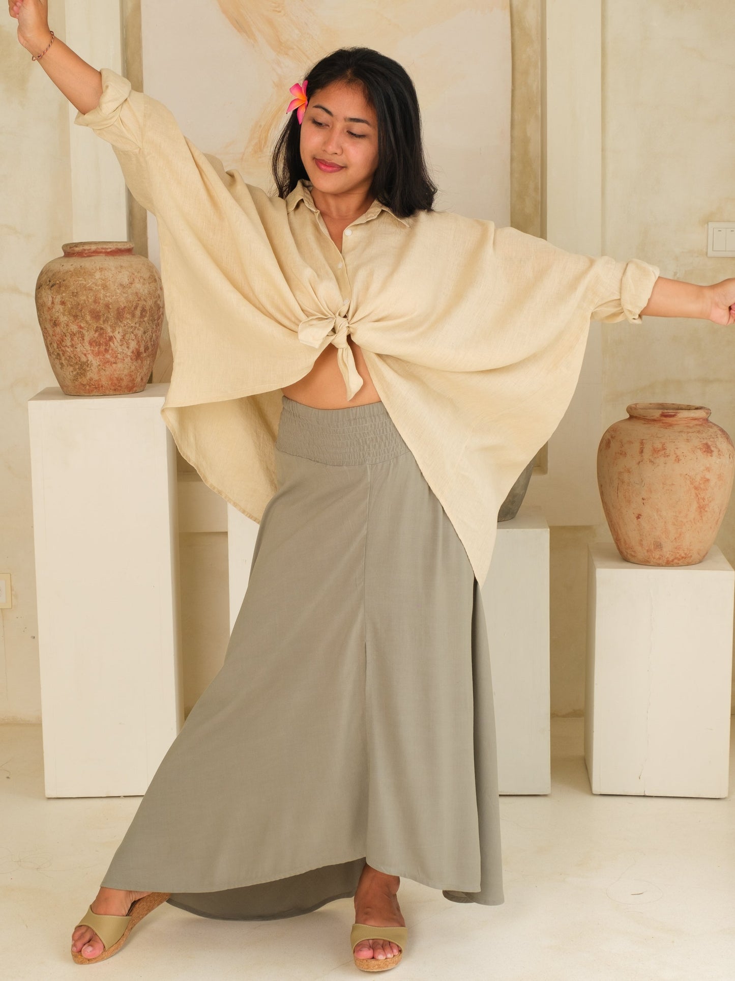 Womens Linen Key Largo Blouse Summer Collared Tie Front Blouse Tan Khaki Long Sleeve Button Up Full