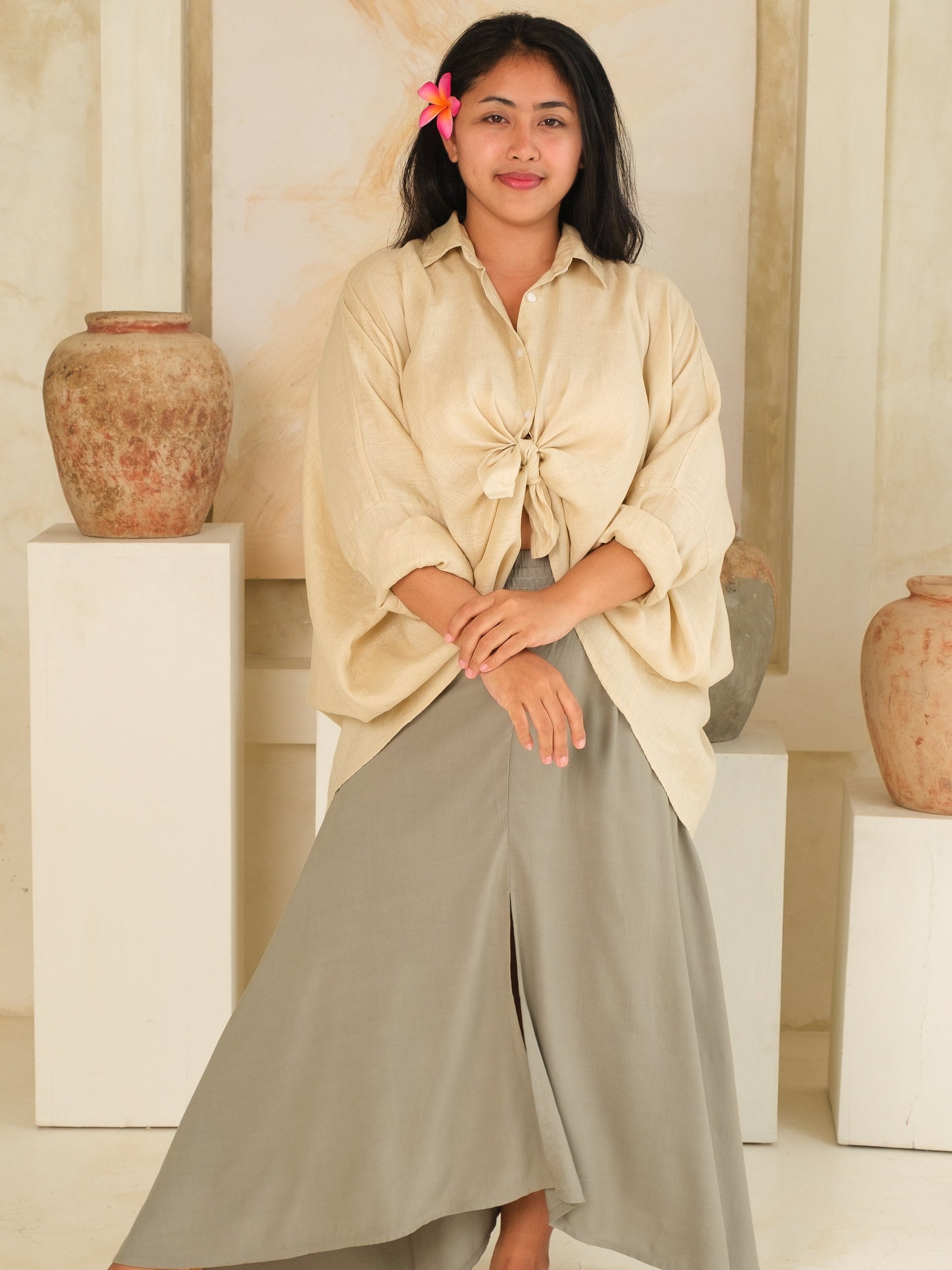 Womens Linen Key Largo Blouse Summer Collared Tie Front Blouse Tan Khaki Long Sleeve Button Up Full