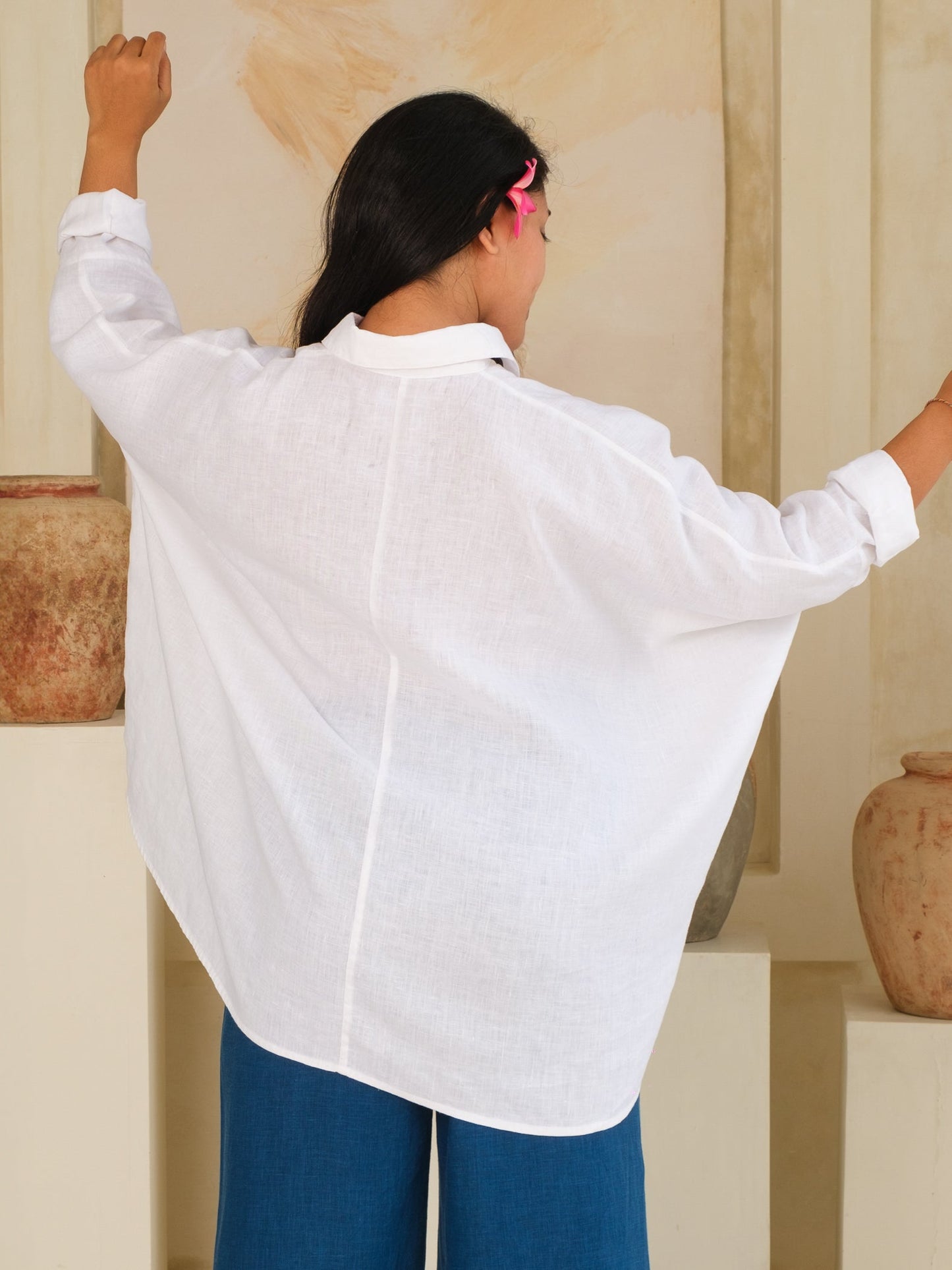 Womens Linen Key Largo Blouse Summer Collared Tie Front Blouse White Long Sleeve Button Up Back