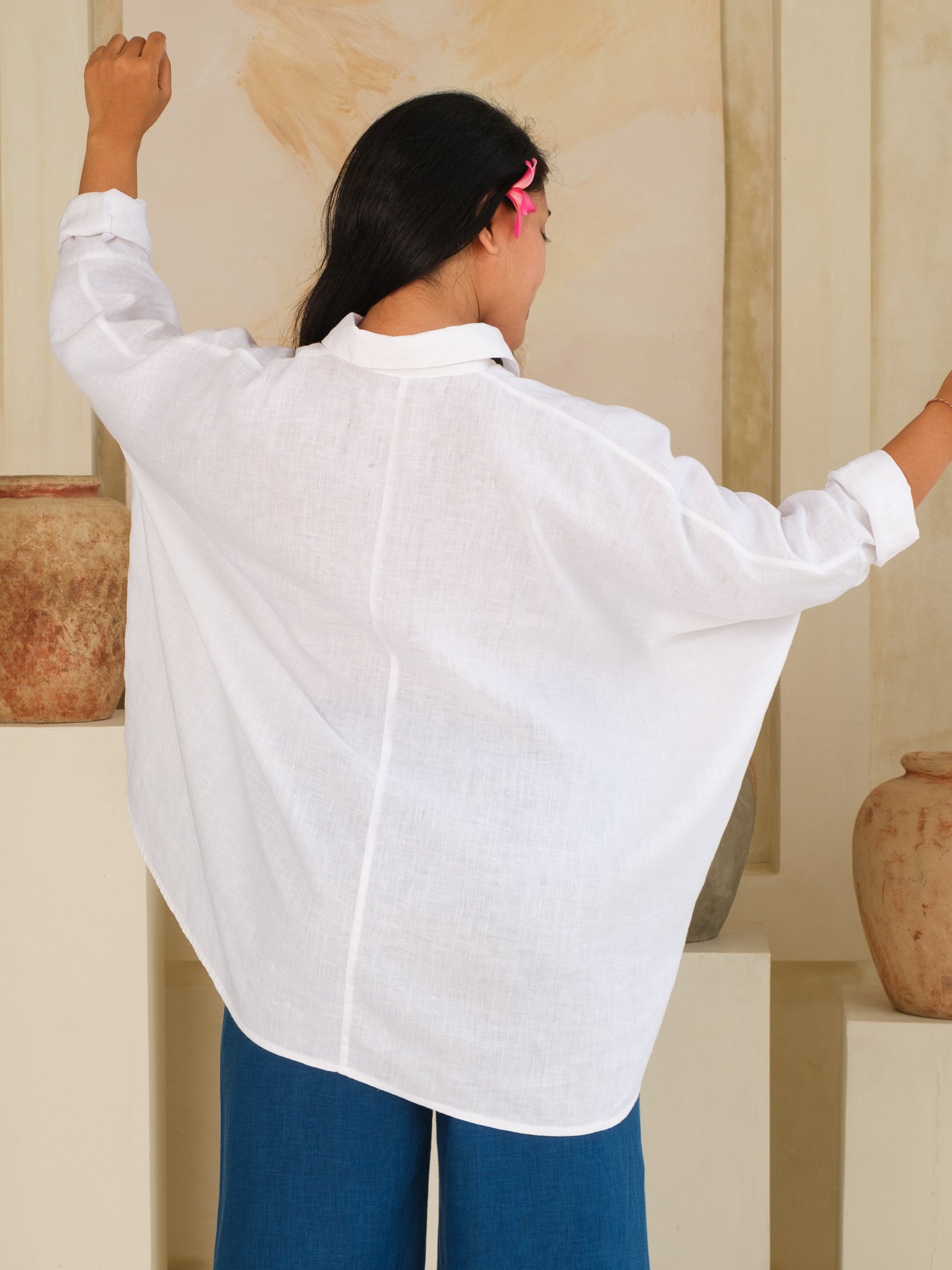 Womens Linen Key Largo Blouse Summer Collared Tie Front Blouse White Long Sleeve Button Up Back