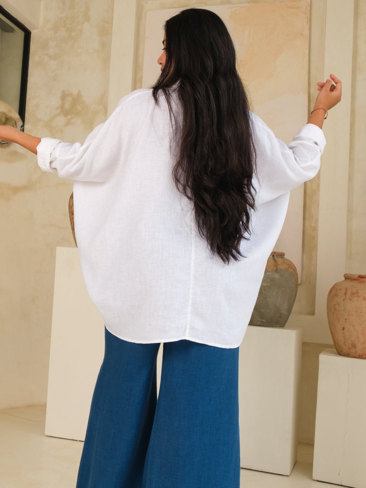 Womens Linen Key Largo Blouse Summer Collared Tie Front Blouse White Long Sleeve Button Up Back