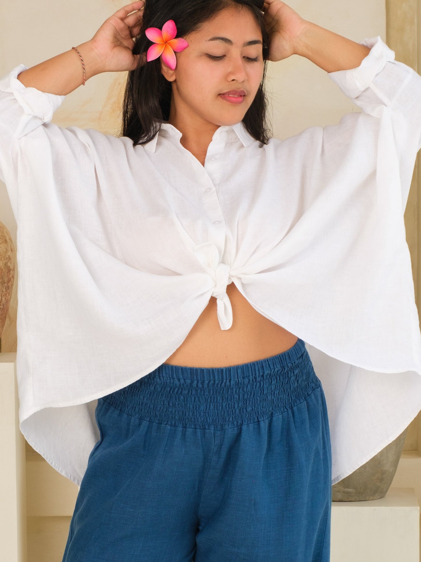 Womens Linen Key Largo Blouse Summer Collared Tie Front Blouse White Long Sleeve Button Up Close