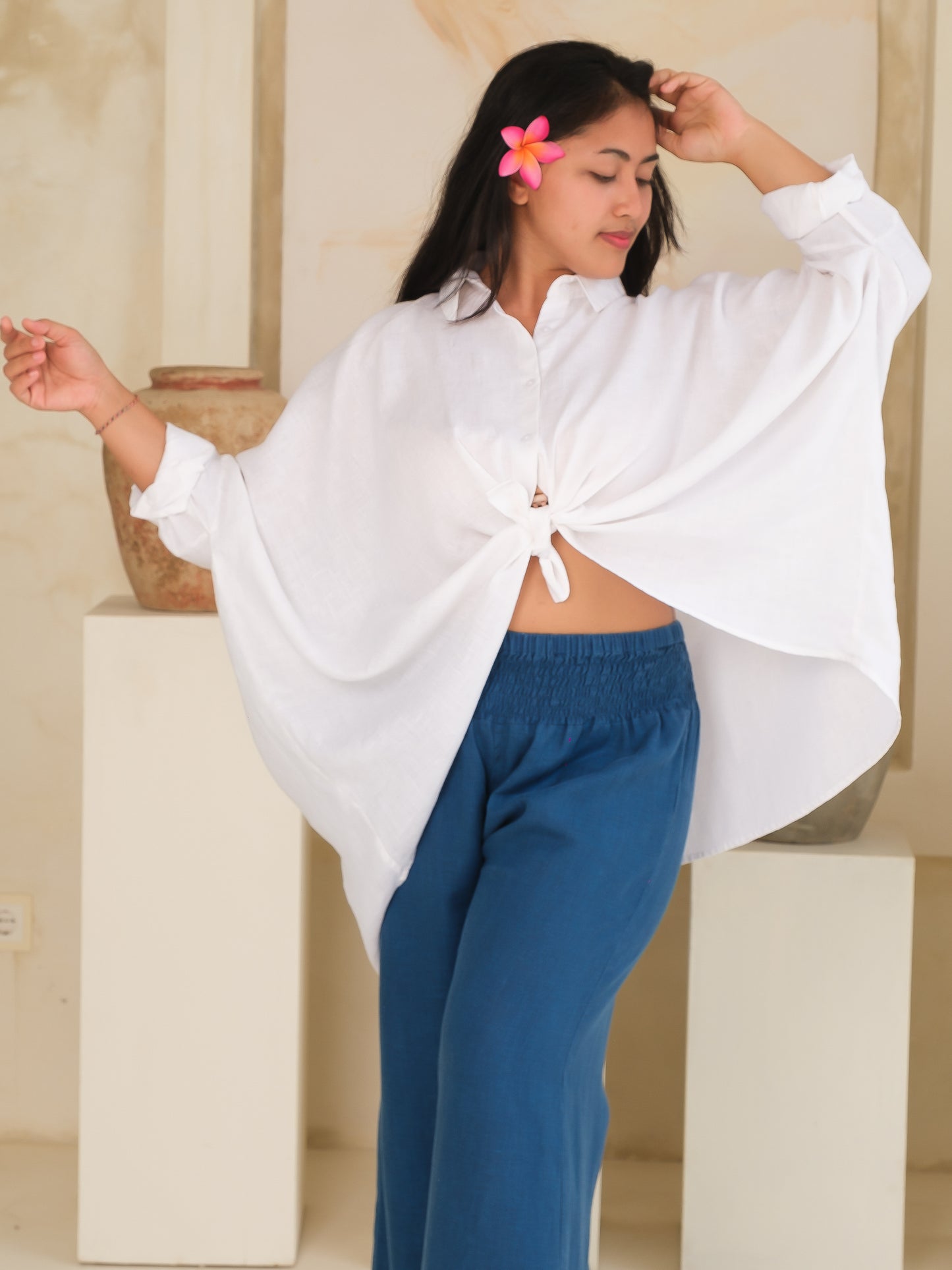 Womens Linen Key Largo Blouse Summer Collared Tie Front Blouse White Long Sleeve Button Up