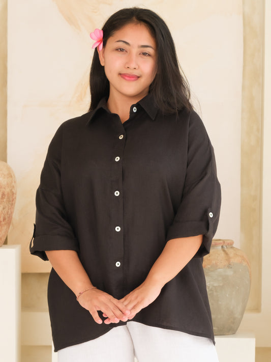 Womens Linen Laguna Top Summer Collared Blouse Black Long Sleeve Button Up Front