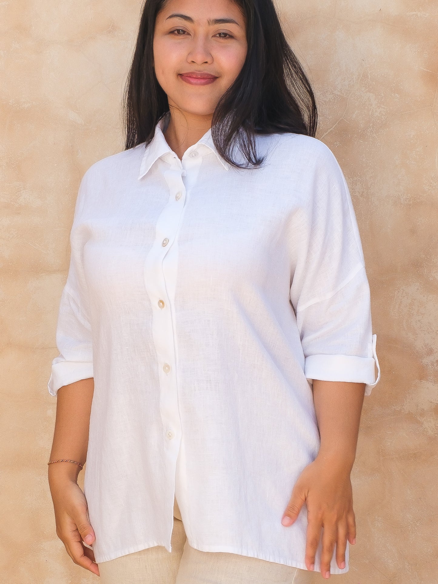 Womens Linen Laguna Top Summer Collared Blouse White Long Sleeve Button Up Front