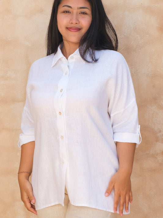 Womens Linen Laguna Top Summer Collared Blouse White Long Sleeve Button Up Front