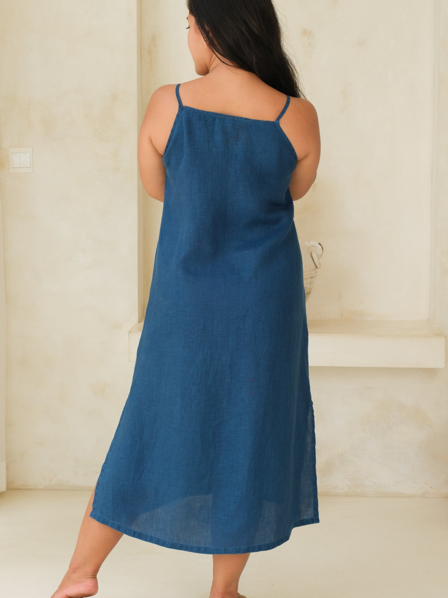 Womens Linen Midi Tank Dress Indigo Blue Natually Dyed Side Slits Summer Back