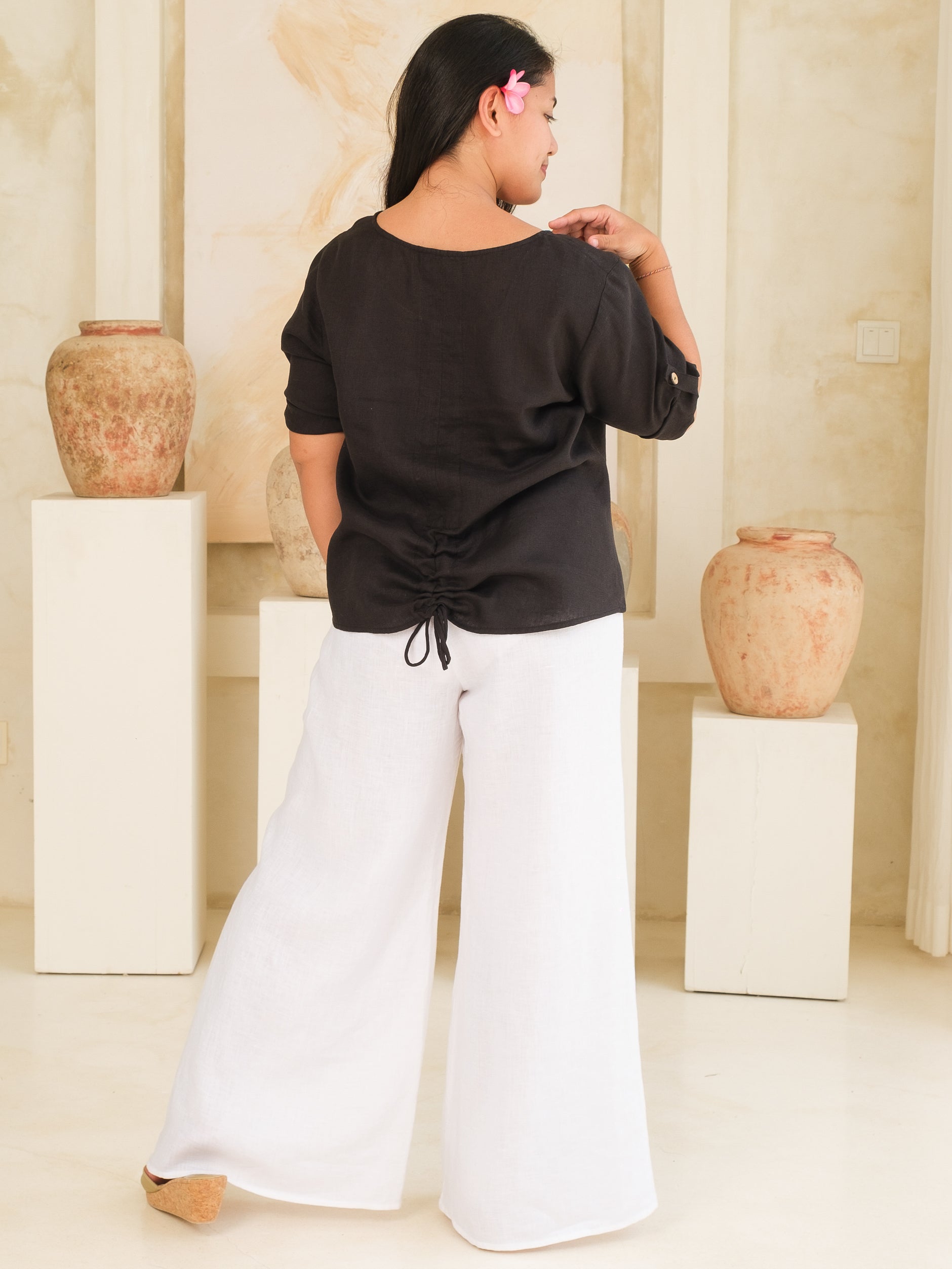 Womens Linen Pullover Top Black Ruched Tie Back Long Sleeve Summer Wear Full Back