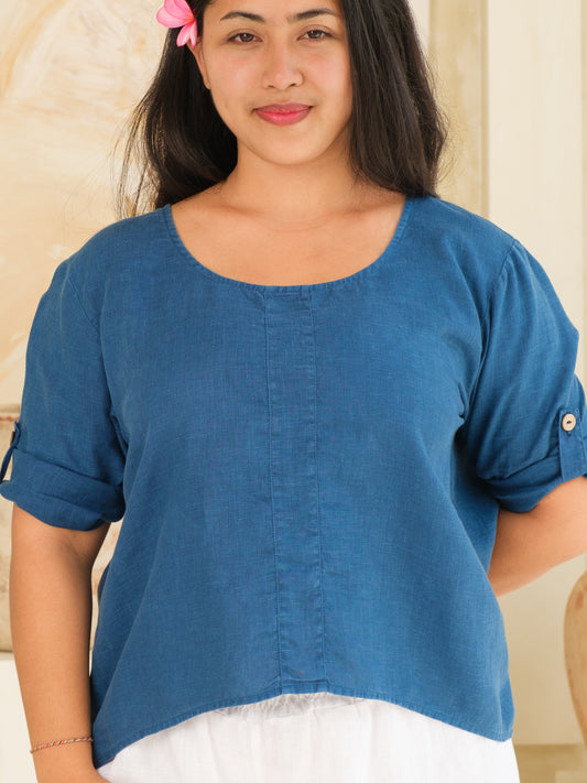 Womens Linen Pullover Top Indigo Blue Naturally Dyed Ruched Tie Back Long Sleeve Summer Sleeve Front