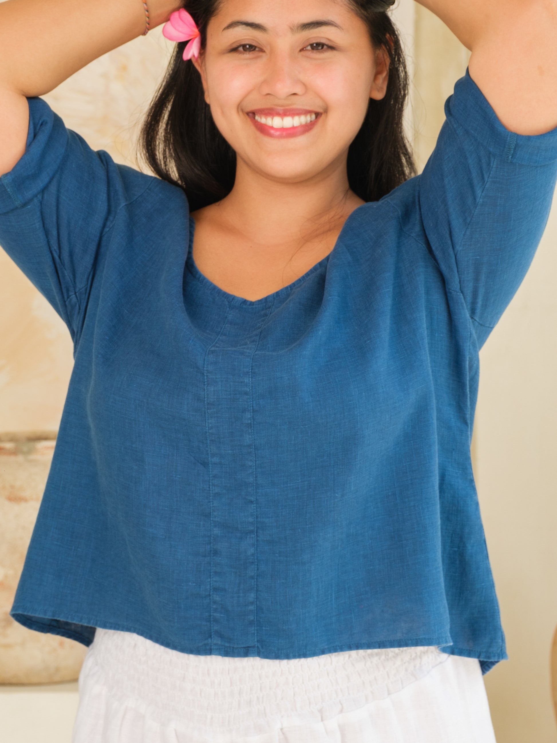 Womens Linen Pullover Top Indigo Blue Naturally Dyed Ruched Tie Back Long Sleeve Summer Sleeve Front