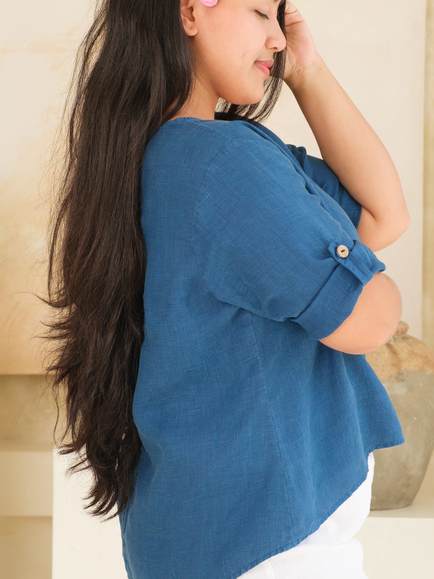 Womens Linen Pullover Top Indigo Blue Naturally Dyed Ruched Tie Back Long Sleeve Summer Sleeve Side