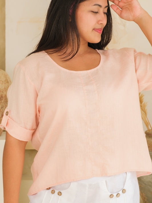 Womens Linen Pullover Top Pearl Pink Ruched Tie Back Long Sleeve Summer Wear Front