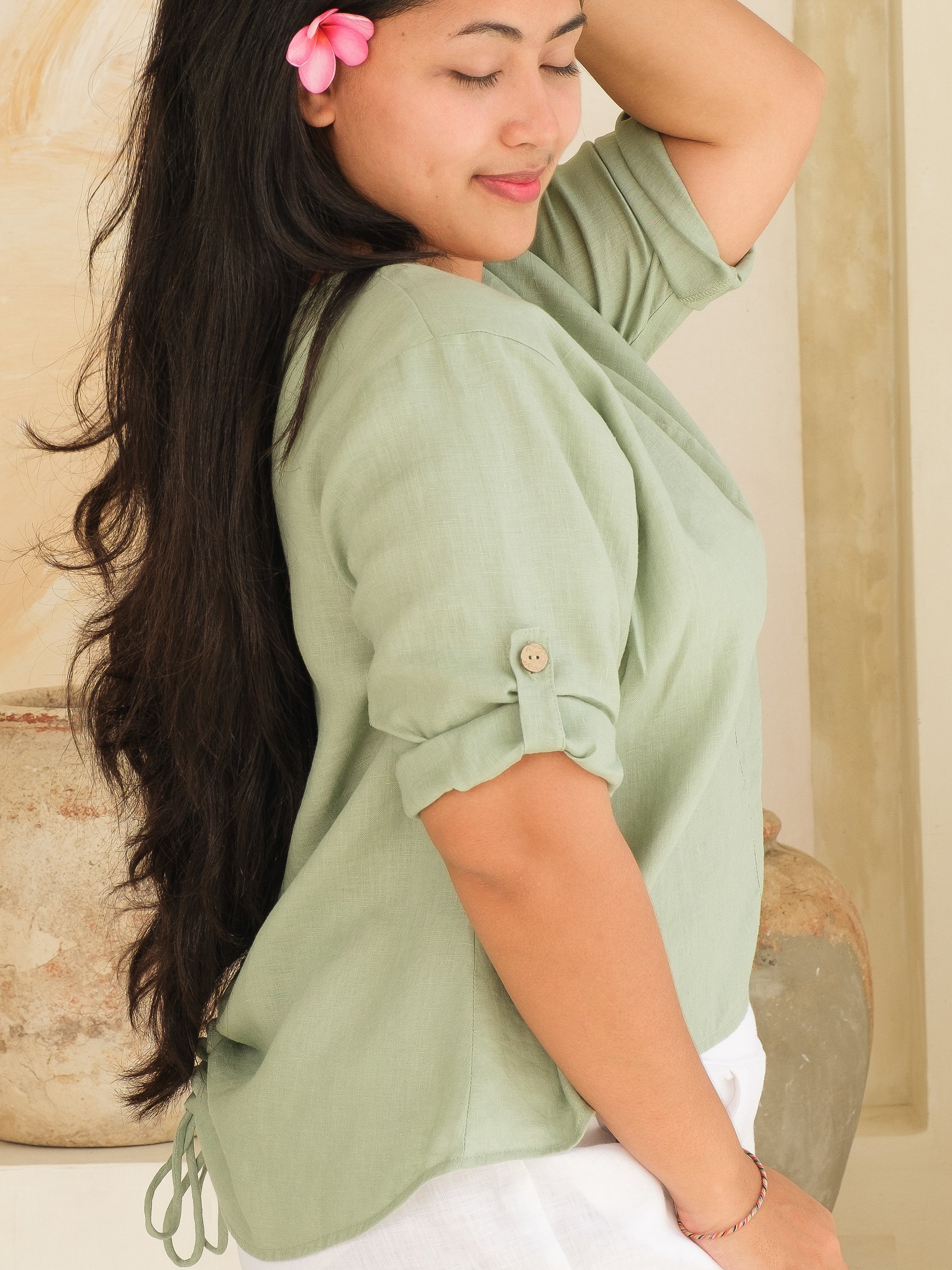 Womens Linen Pullover Top Sage Green Ruched Tie Back Long Sleeve Summer Wear Side