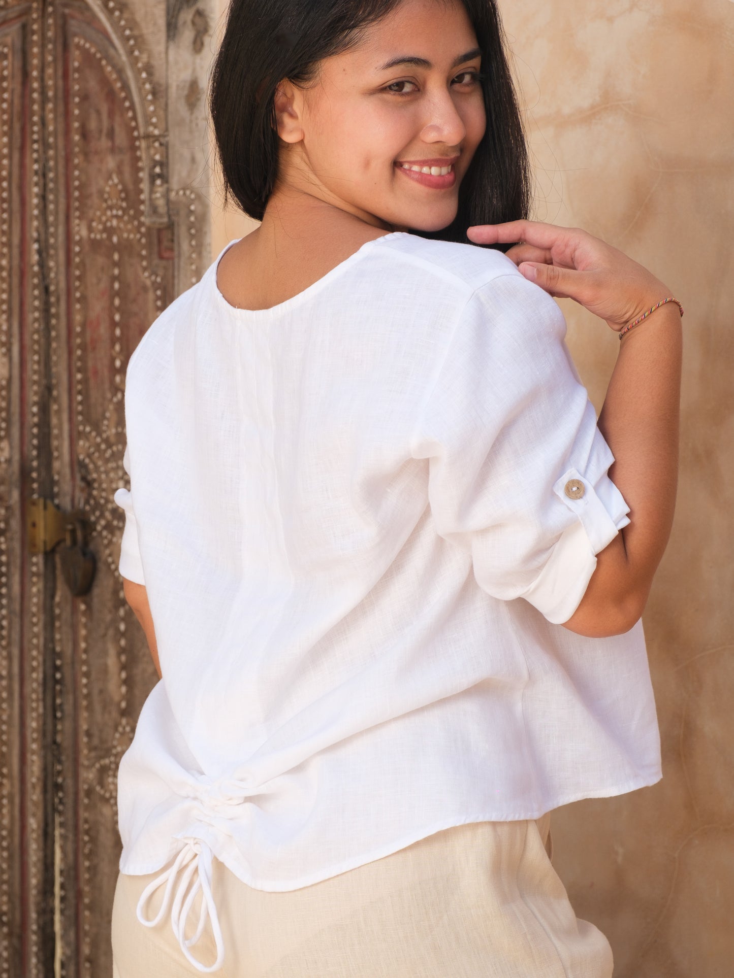 Womens Linen Pullover Top White Ruched Tie Back Long Sleeve Summer Wear Back