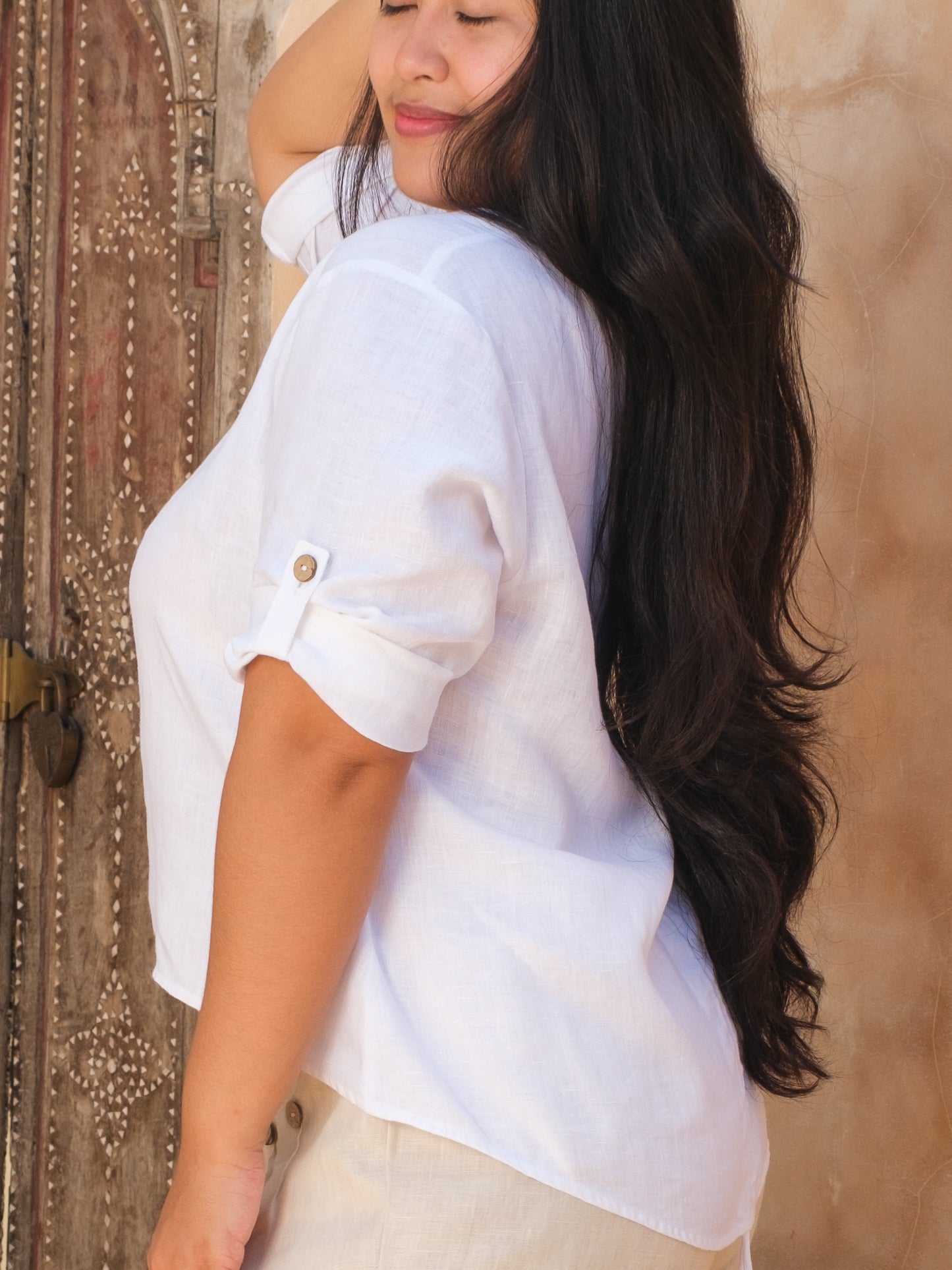 Womens Linen Pullover Top White Ruched Tie Back Long Sleeve Summer Wear Side