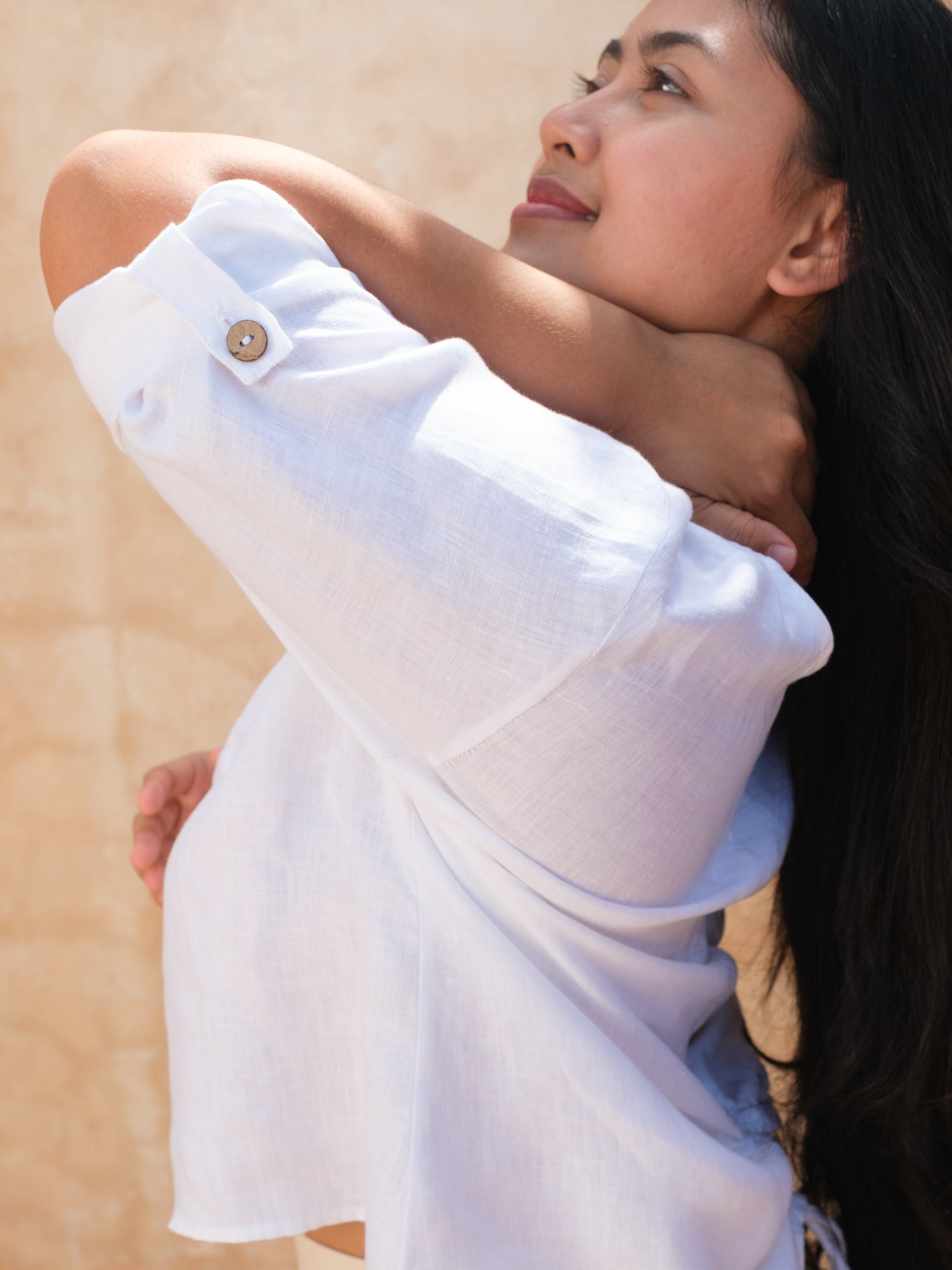 Womens Linen Pullover Top White Ruched Tie Back Long Sleeve Summer Wear Sleeve