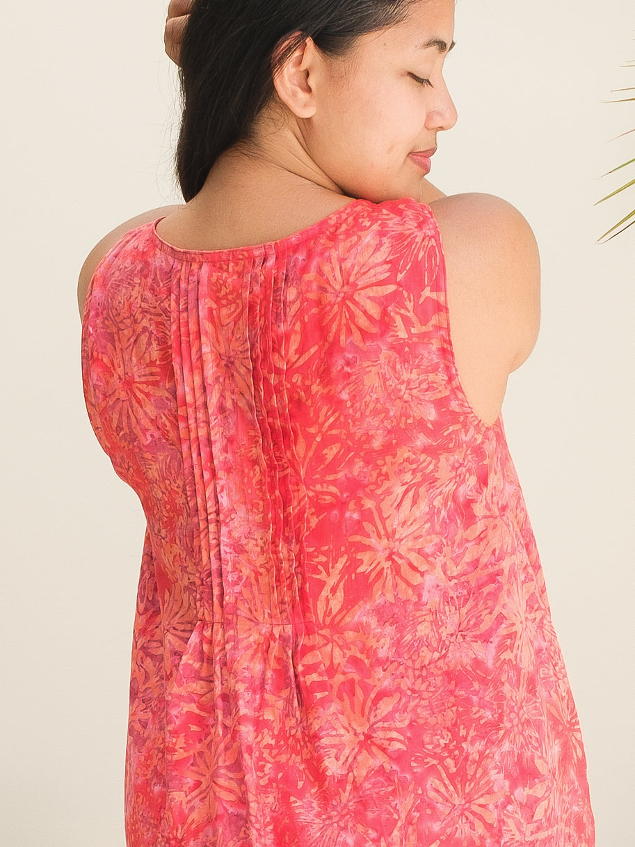 Womens Linen Summer Midi Dress Floral Pink Sleeveless Scoop Neck Back Closse