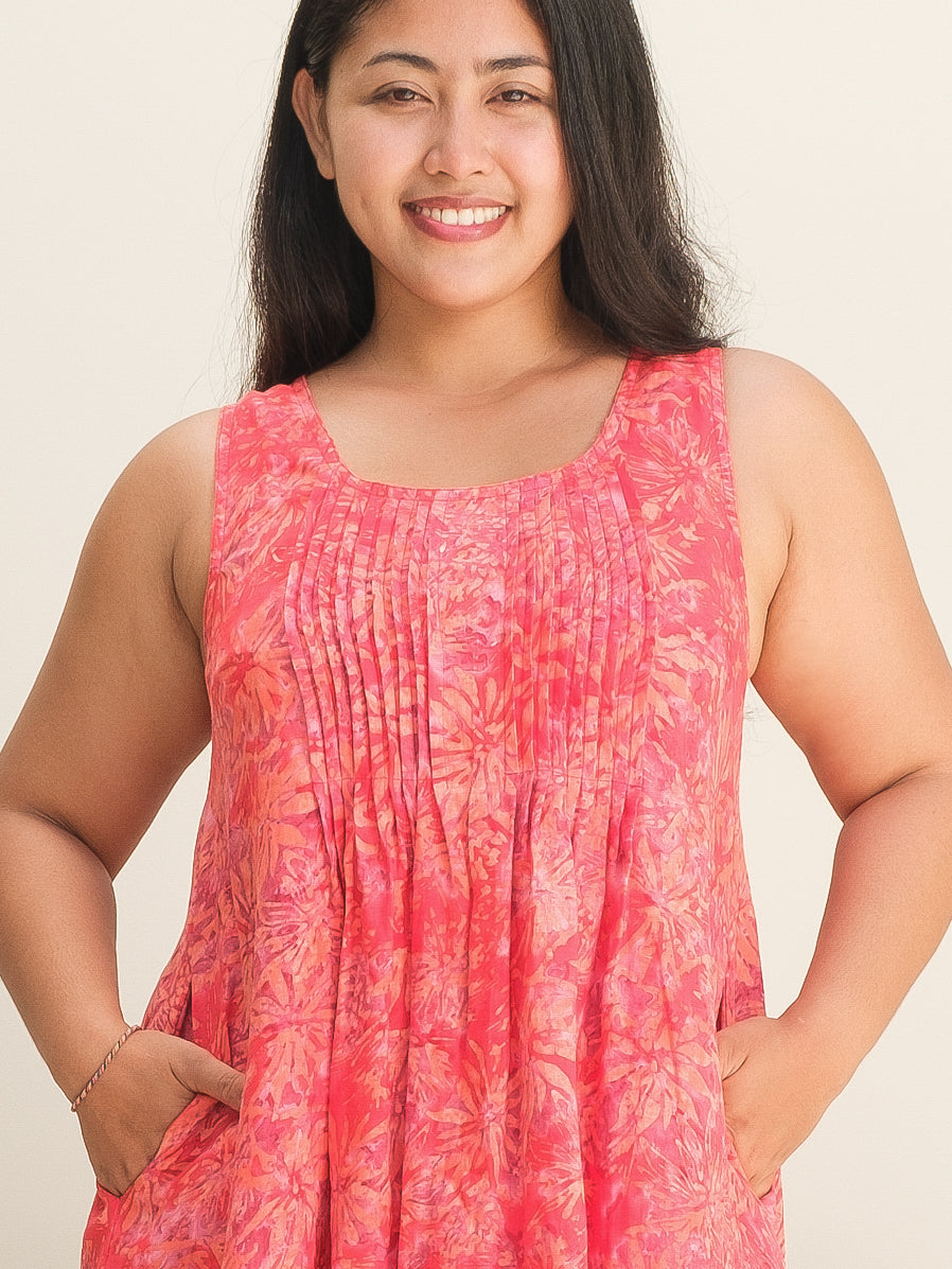 Womens Linen Summer Midi Dress Floral Pink Sleeveless Scoop Neck Close