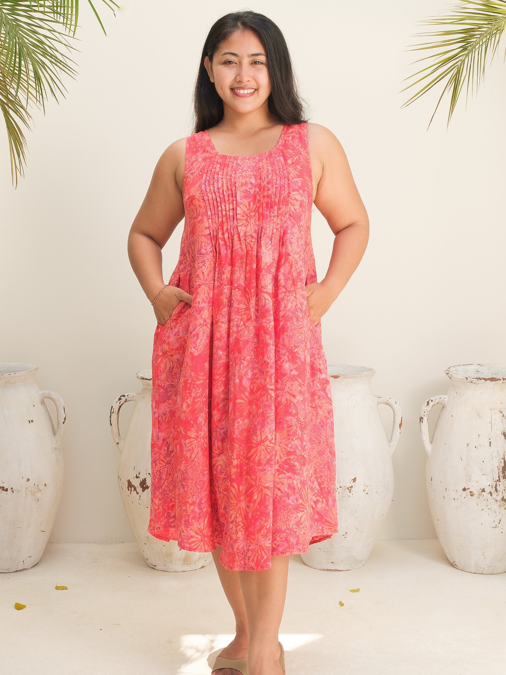 Womens Linen Summer Midi Dress Floral Pink Sleeveless Scoop Neck Front