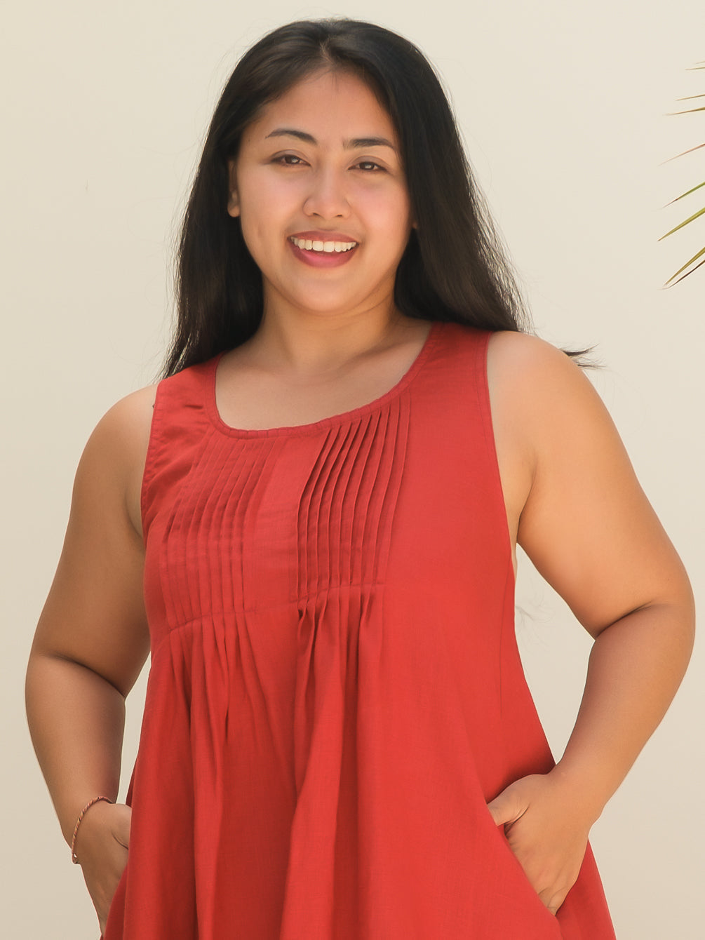 Womens Linen Summer Midi Dress Red Sleeveless Scoop Neck Side Detail