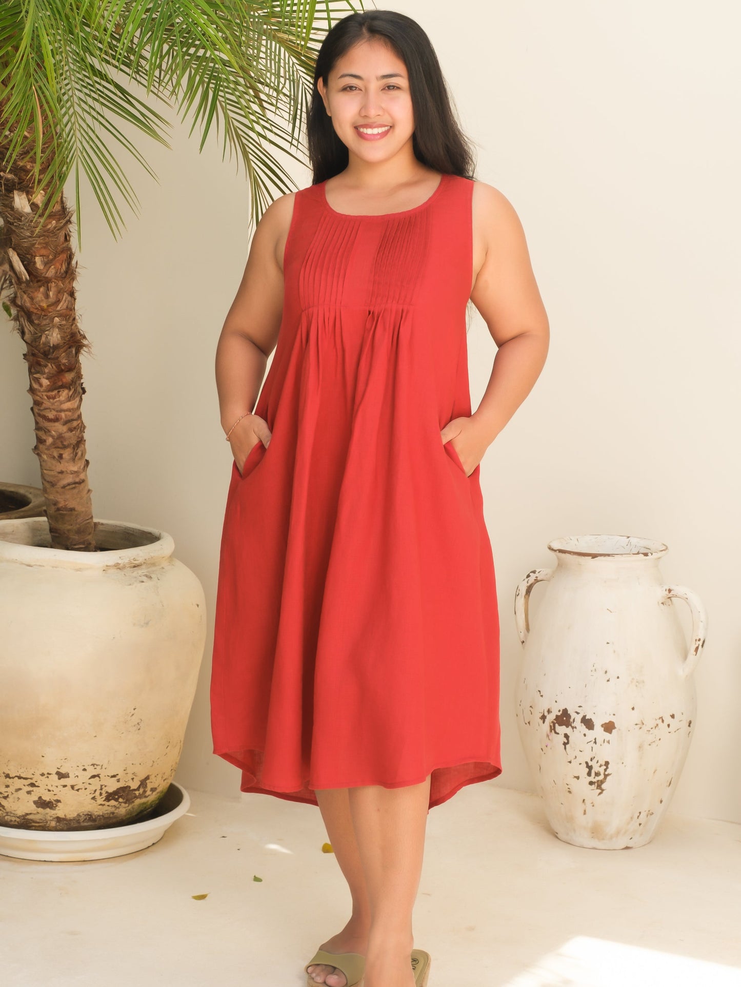 Womens Linen Summer Midi Dress Red Sleeveless Scoop Neck Side Pockets Full