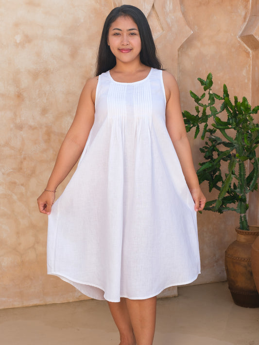 Womens Linen Summer Midi Dress White Sleeveless Scoop Neck