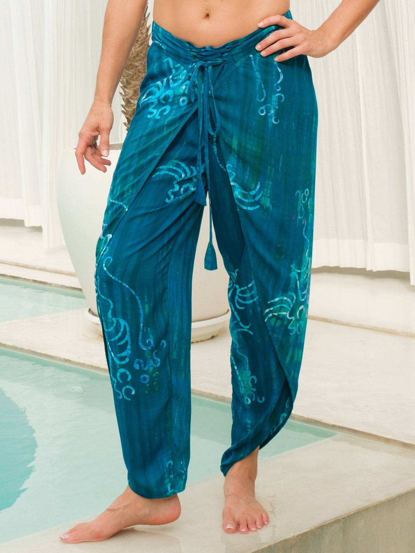 Womens Rayon Batik Bahama Wrap Pant Blue Green Elastic Waist Bohemian Style
