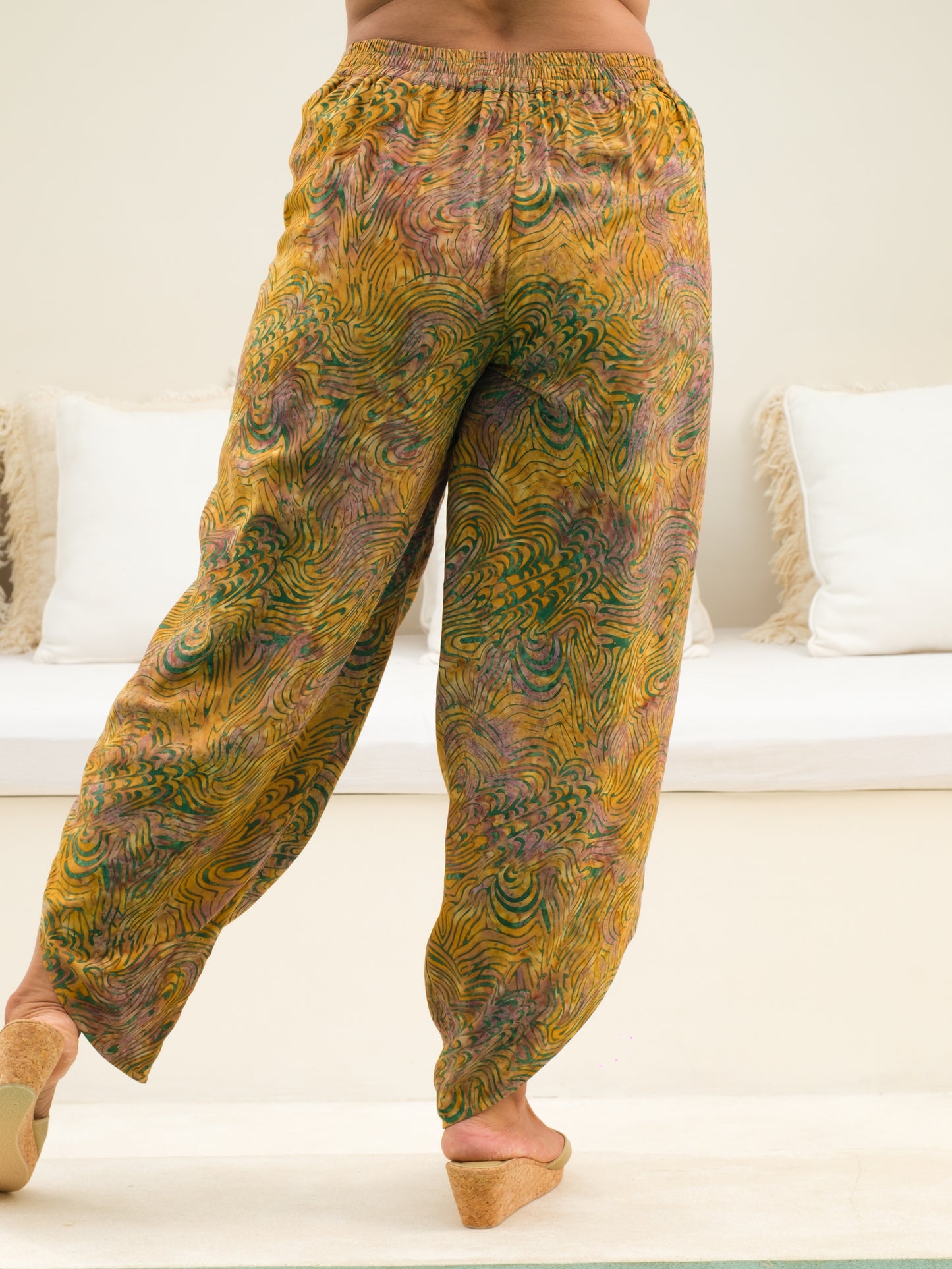 Womens Rayon Batik Bahama Wrap Pant Gold Elastic Waist Bohemian Back