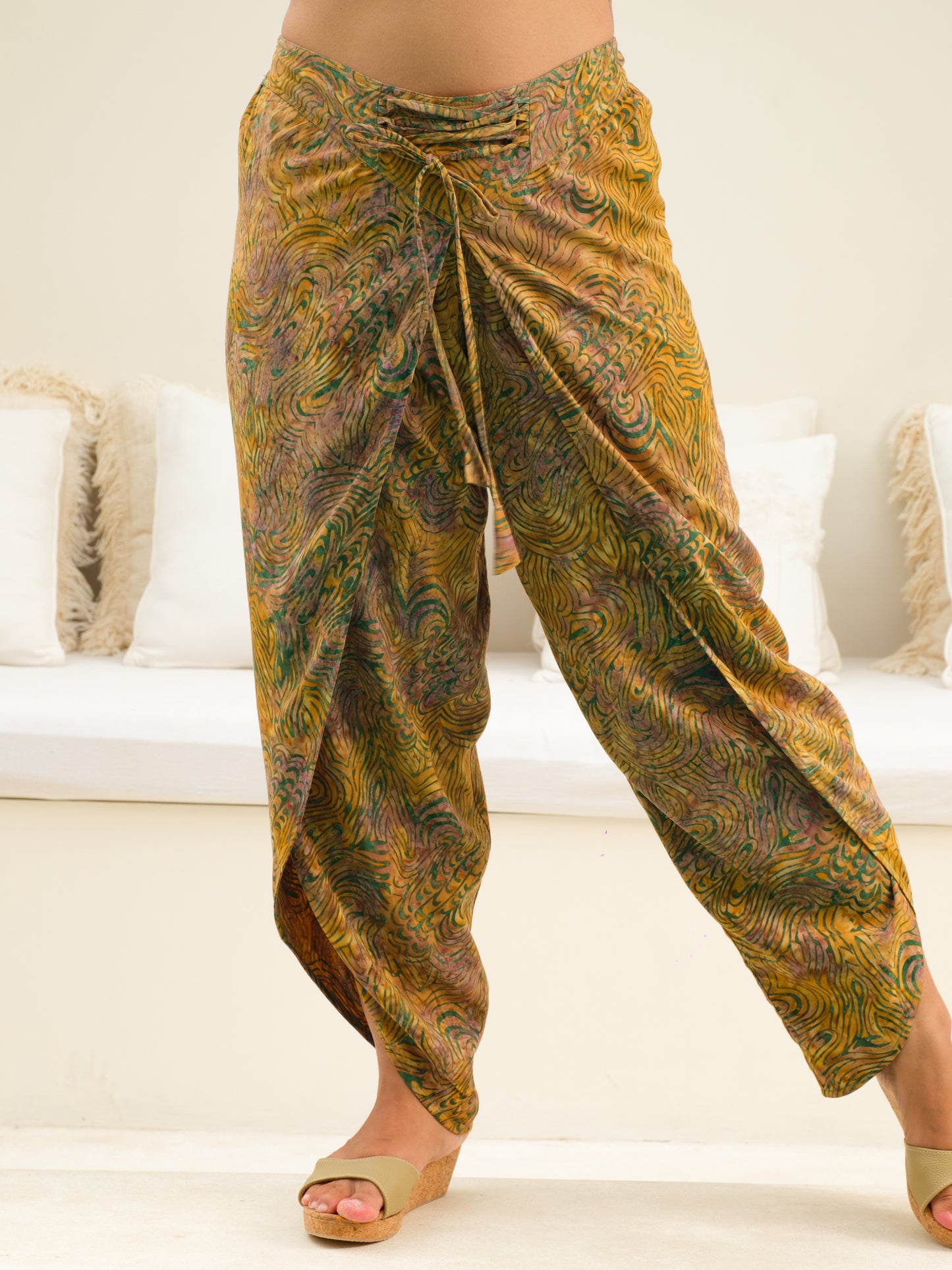 Womens Rayon Batik Bahama Wrap Pant Gold Elastic Waist Bohemian Main