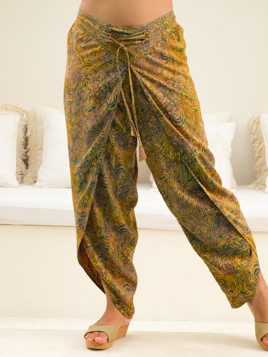 Womens Rayon Batik Bahama Wrap Pant Gold Elastic Waist Bohemian Main