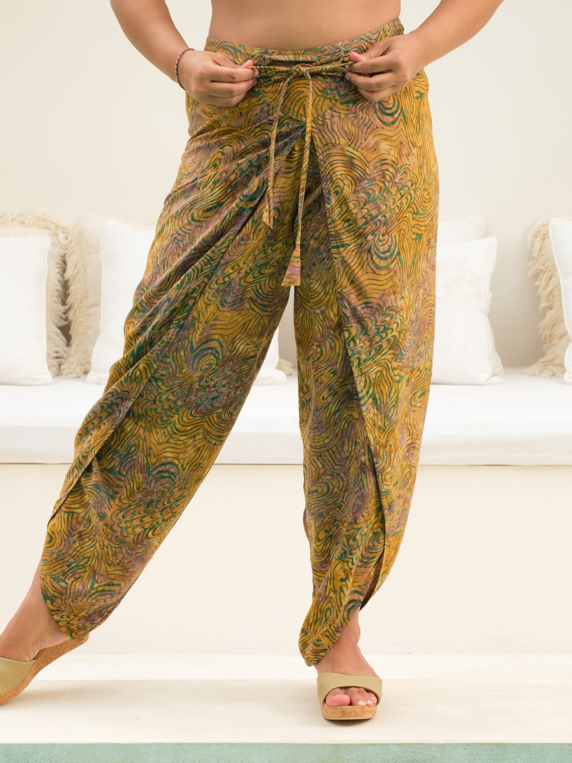 Womens Rayon Batik Bahama Wrap Pant Gold Elastic Waist Bohemian Tie