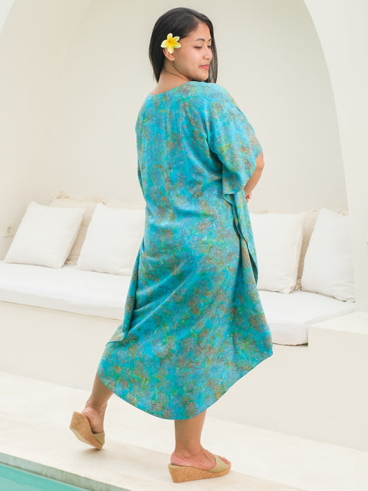 Womens Rayon Butterfly Dress Kaftan Dress Blue Daisy Batik Lace Up Vneck Summer Resort Wear Back