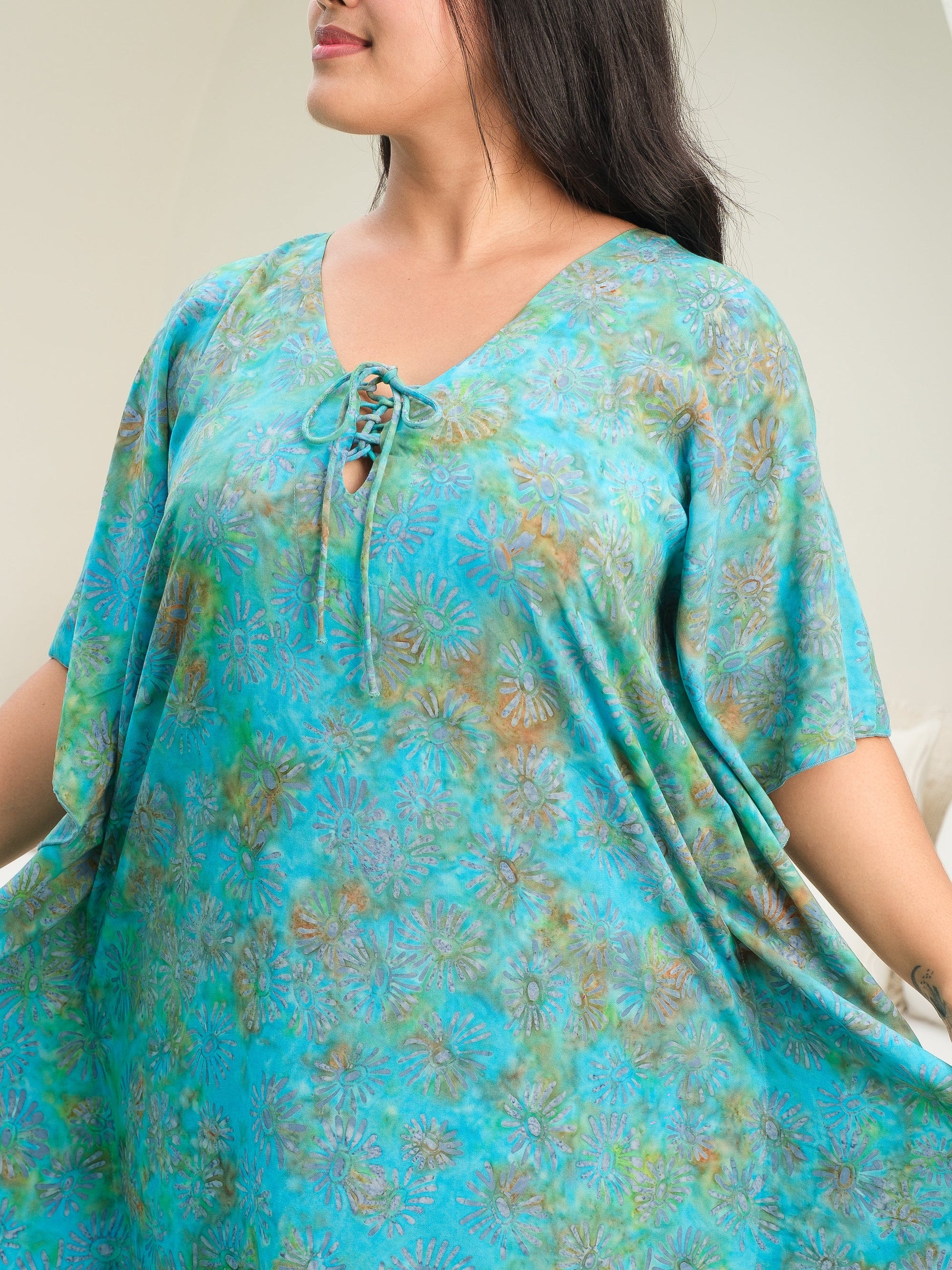 Womens Rayon Butterfly Dress Kaftan Dress Blue Daisy Batik Lace Up Vneck Summer Resort Wear Close