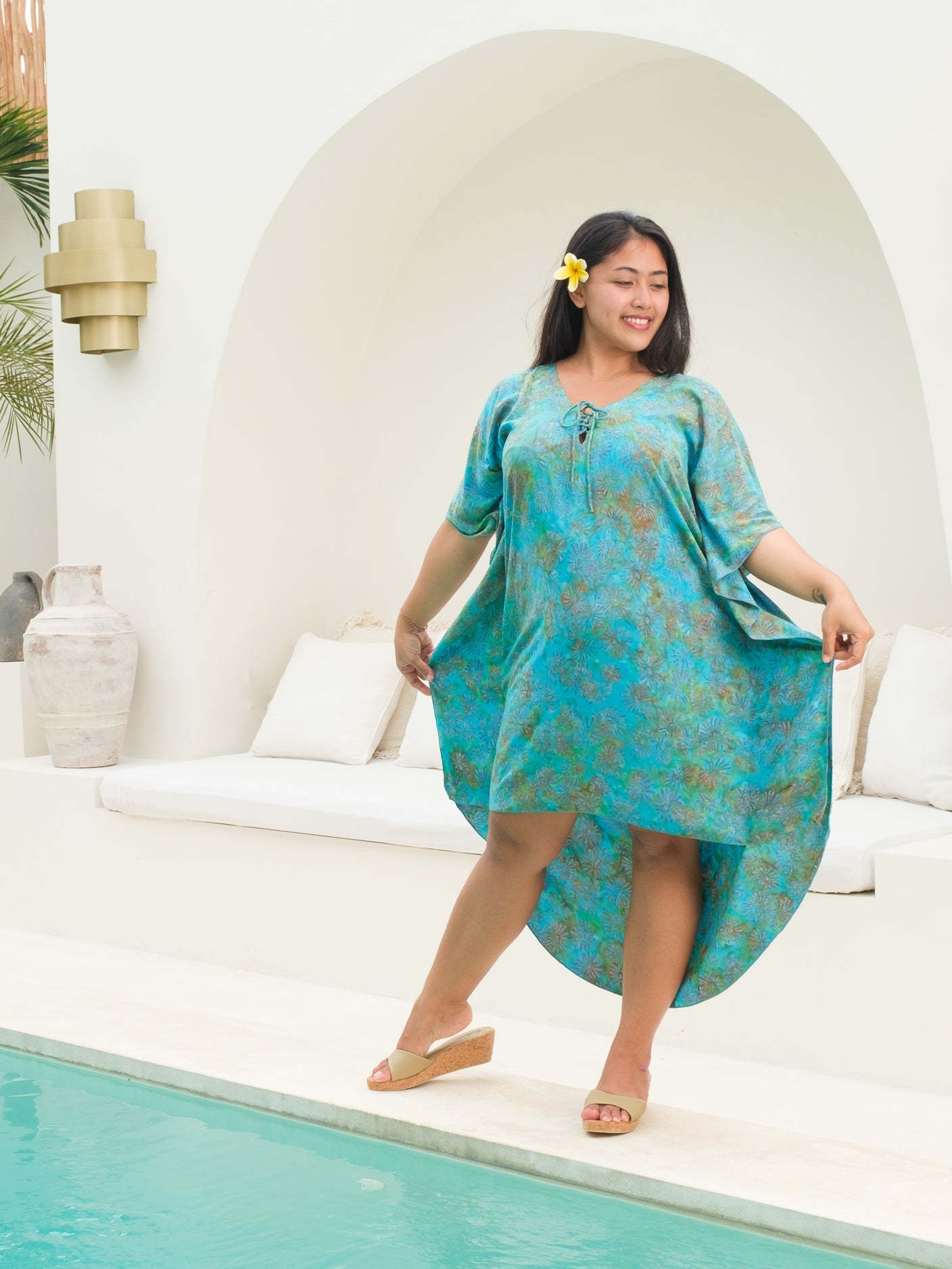 Womens Rayon Butterfly Dress Kaftan Dress Blue Daisy Batik Lace Up Vneck Summer Resort Wear Full