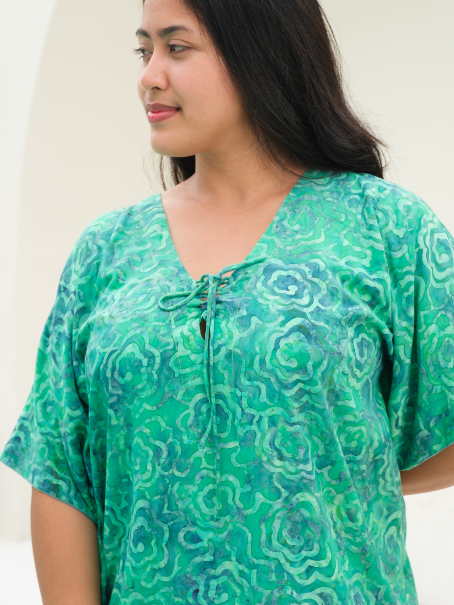 Womens Rayon Kaftan Dress Batik Green Lace Up Vneck Summer Resort Wear Close