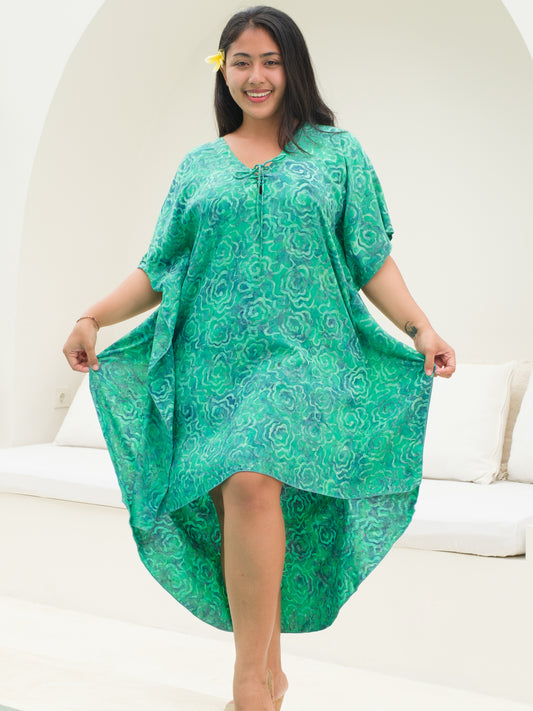 Womens Rayon Kaftan Dress Batik Green Lace Up Vneck Summer Resort Wear Front