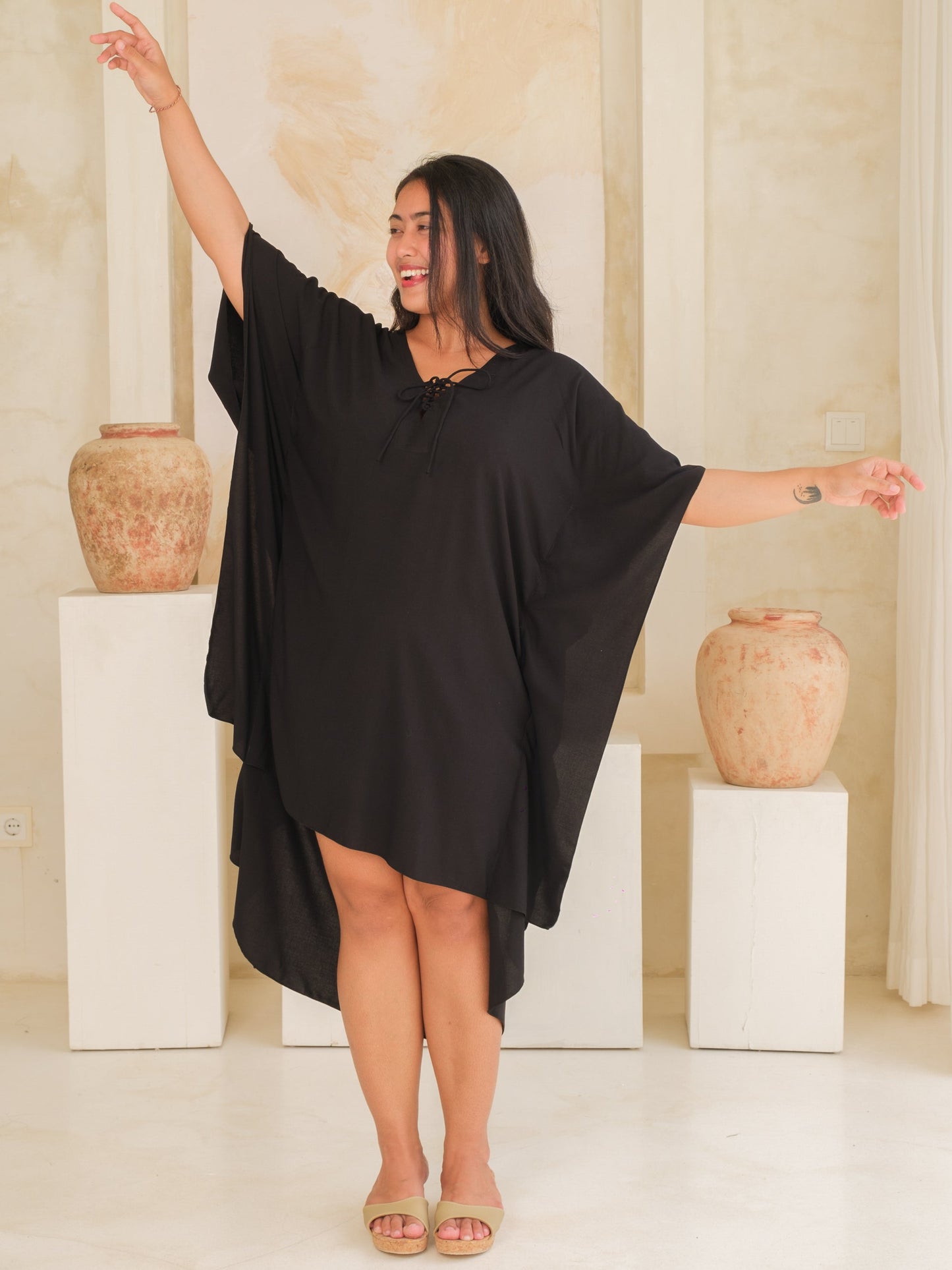 Womens Rayon Kaftan Dress Black Lace Up Vneck Summer Resort Wear Full
