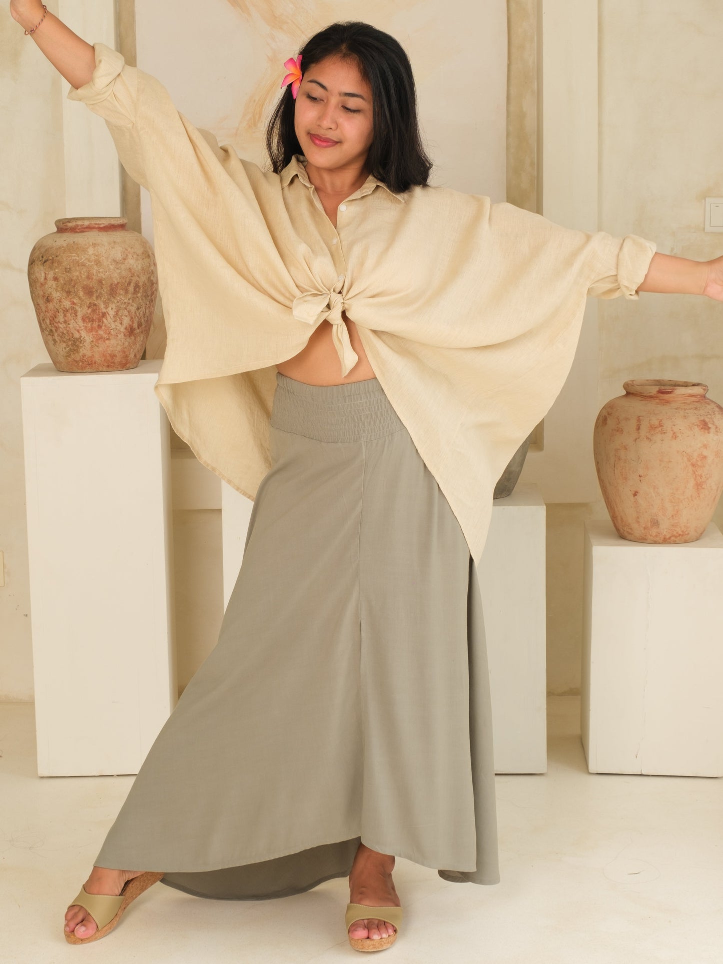 Womens Rayon Summer Skirt Gray Green Maxi Length Front Slit Elastic Waist Full