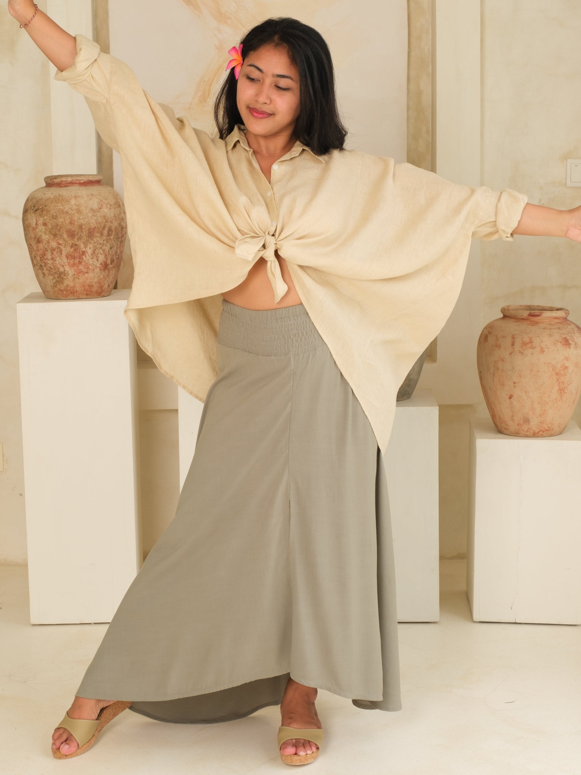 Womens Rayon Summer Skirt Gray Green Maxi Length Front Slit Elastic Waist Full