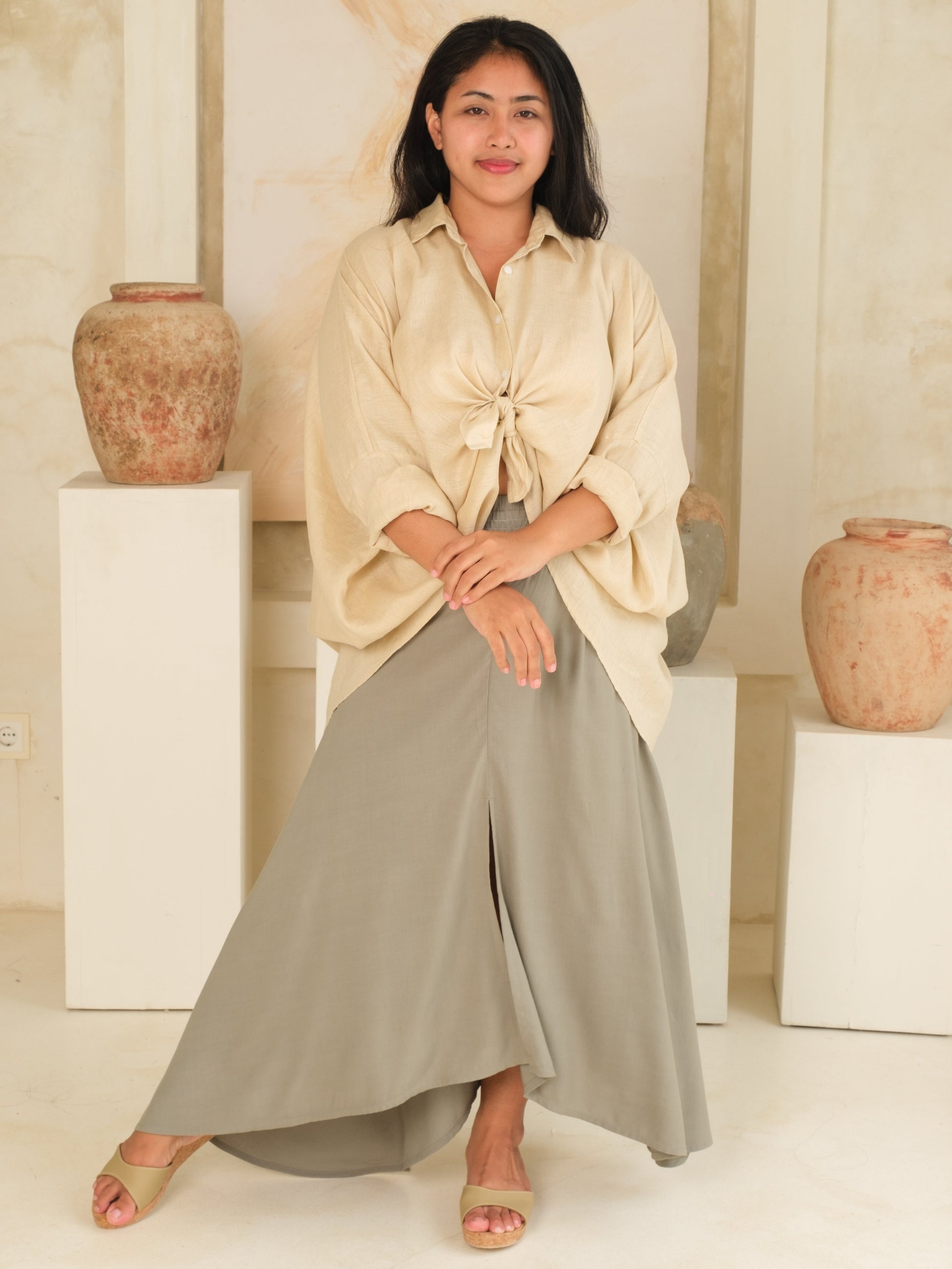 Womens Rayon Summer Skirt Gray Green Maxi Length Front Slit Elastic Waist Full