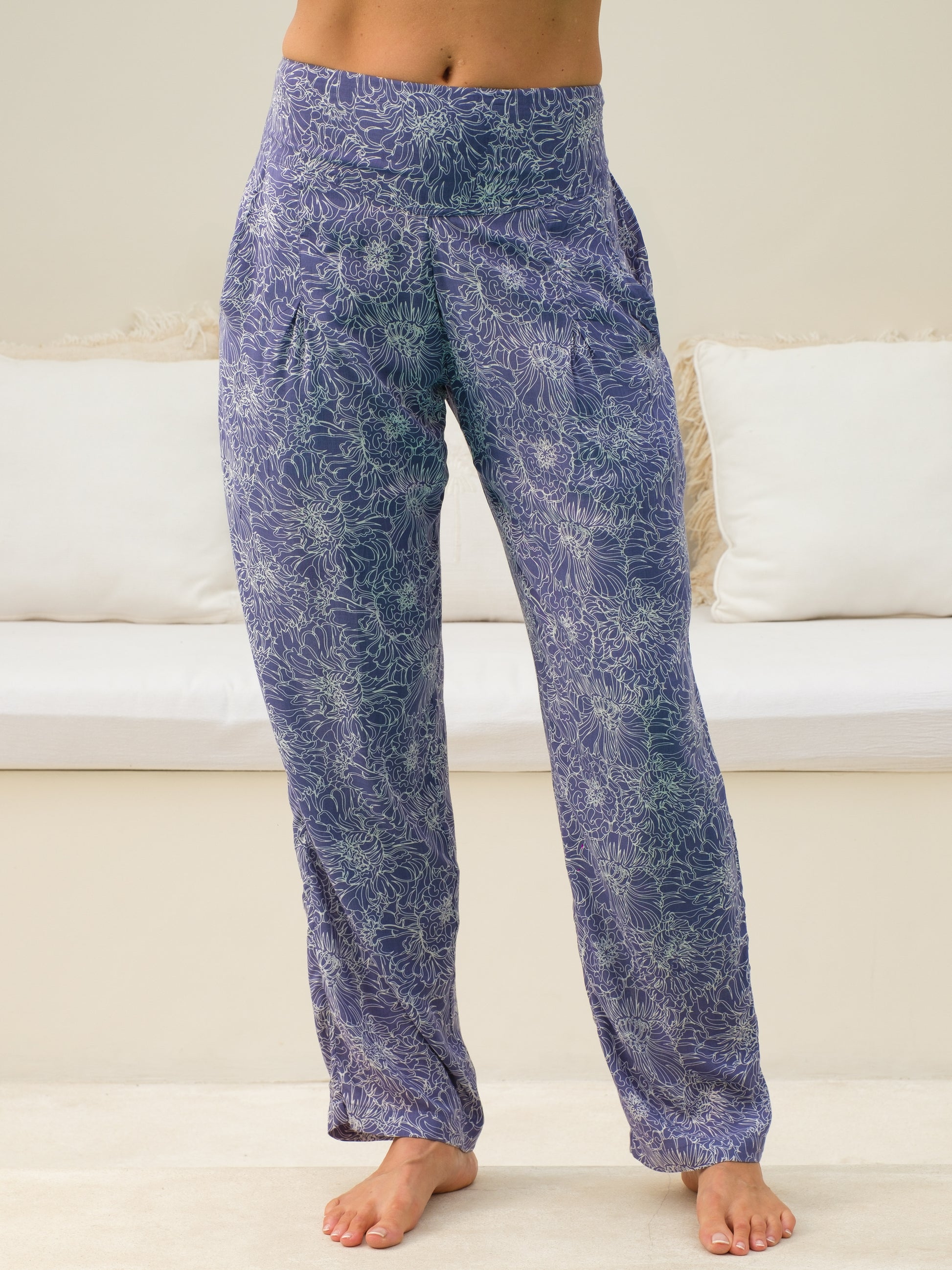 Womens Rayon Voile Peony Pant Purple Batik Elastic High Waist