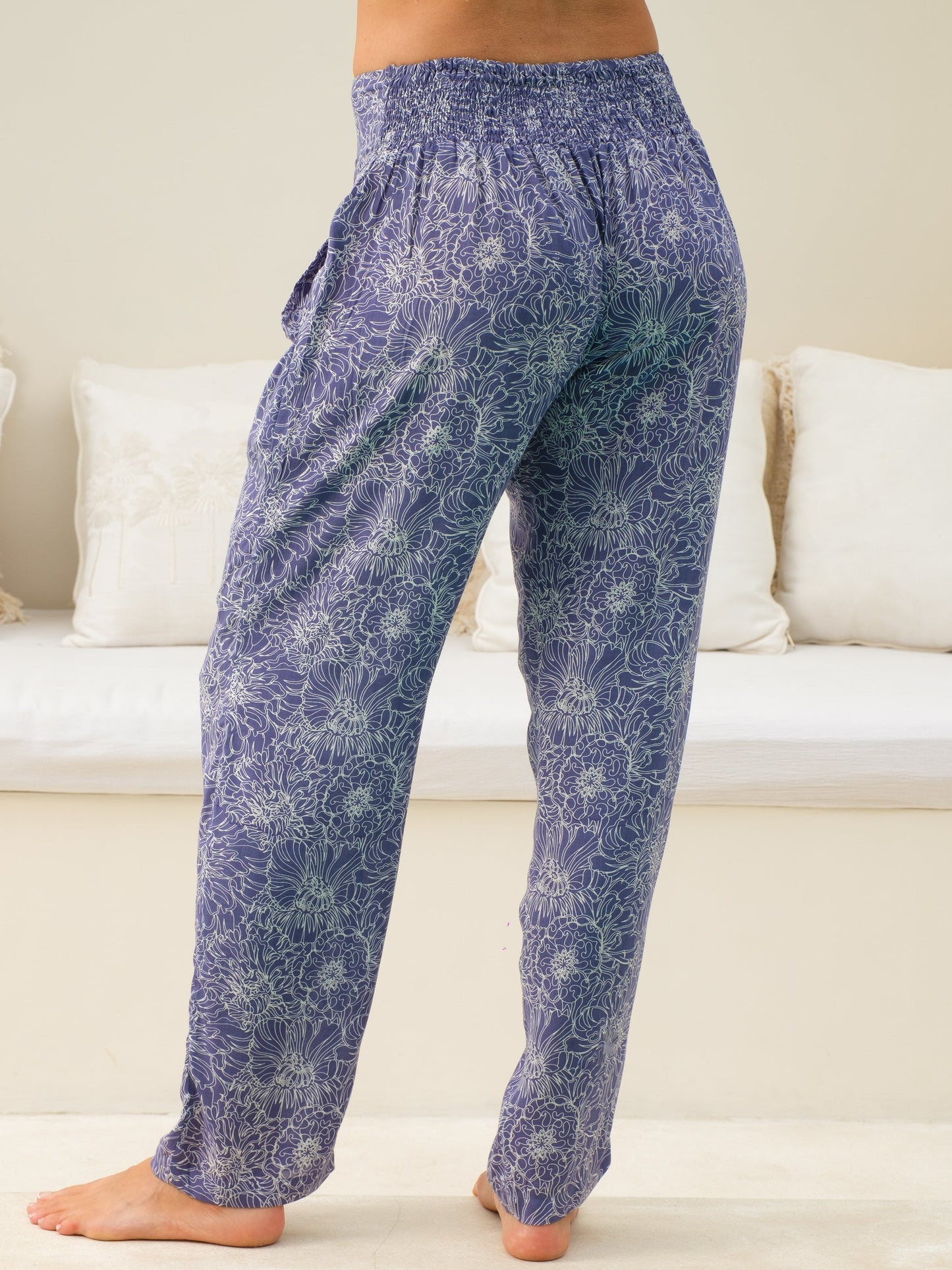 Womens Rayon Voile Peony Pant Purple Batik Elastic High Waist Back