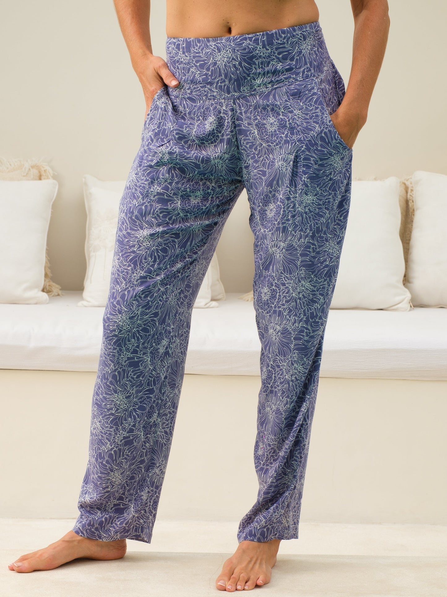 Womens Rayon Voile Peony Pant Purple Batik Elastic High Waist Front