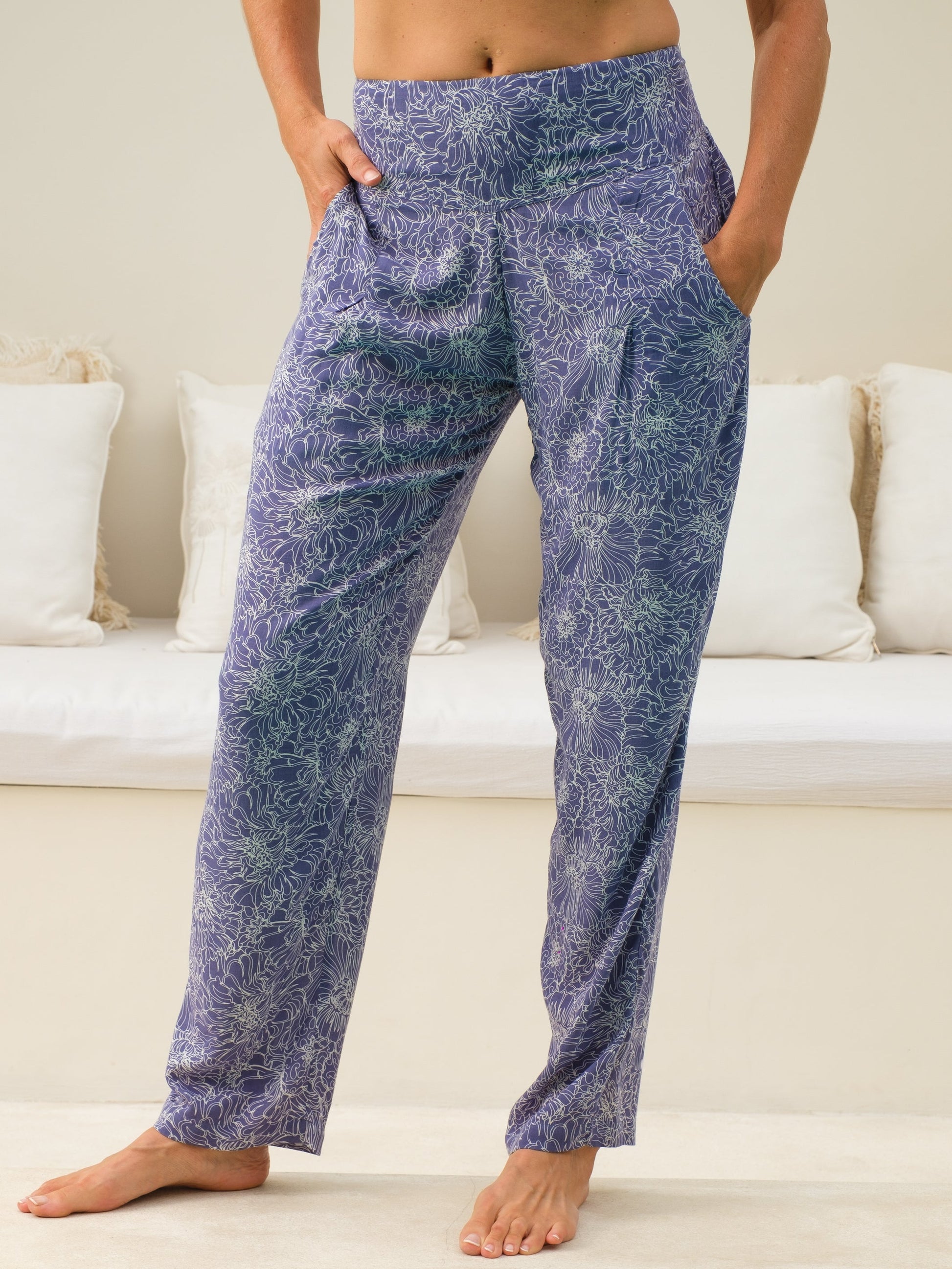 Womens Rayon Voile Peony Pant Purple Batik Elastic High Waist Front