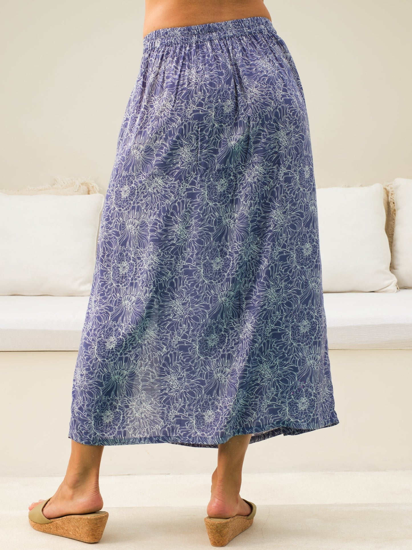 Womens Rayon Voile Soleil Skirt Purple Peony Batik Elastic Waist Maxi Length Back