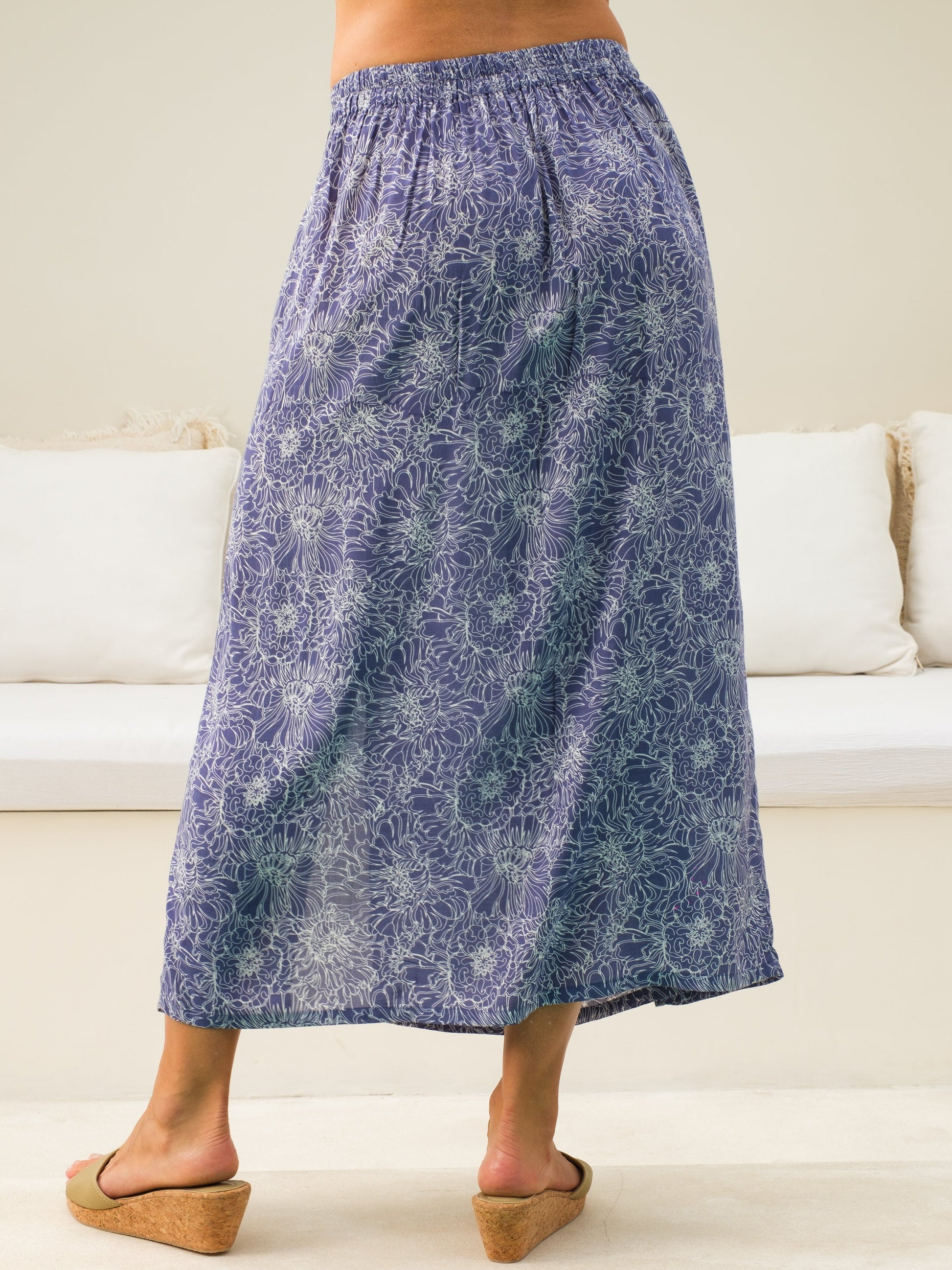 Womens Rayon Voile Soleil Skirt Purple Peony Batik Elastic Waist Maxi Length Back