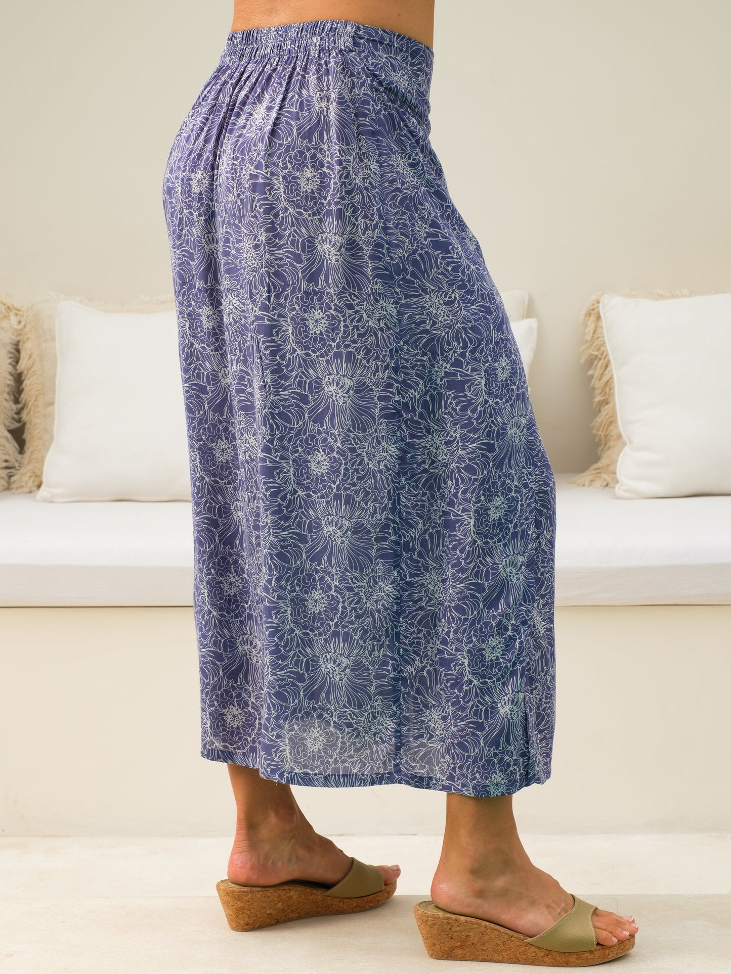 Womens Rayon Voile Soleil Skirt Purple Peony Batik Elastic Waist Maxi Length Side